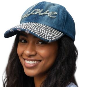 LOVE Distressed Denim Embellished Cap One Size